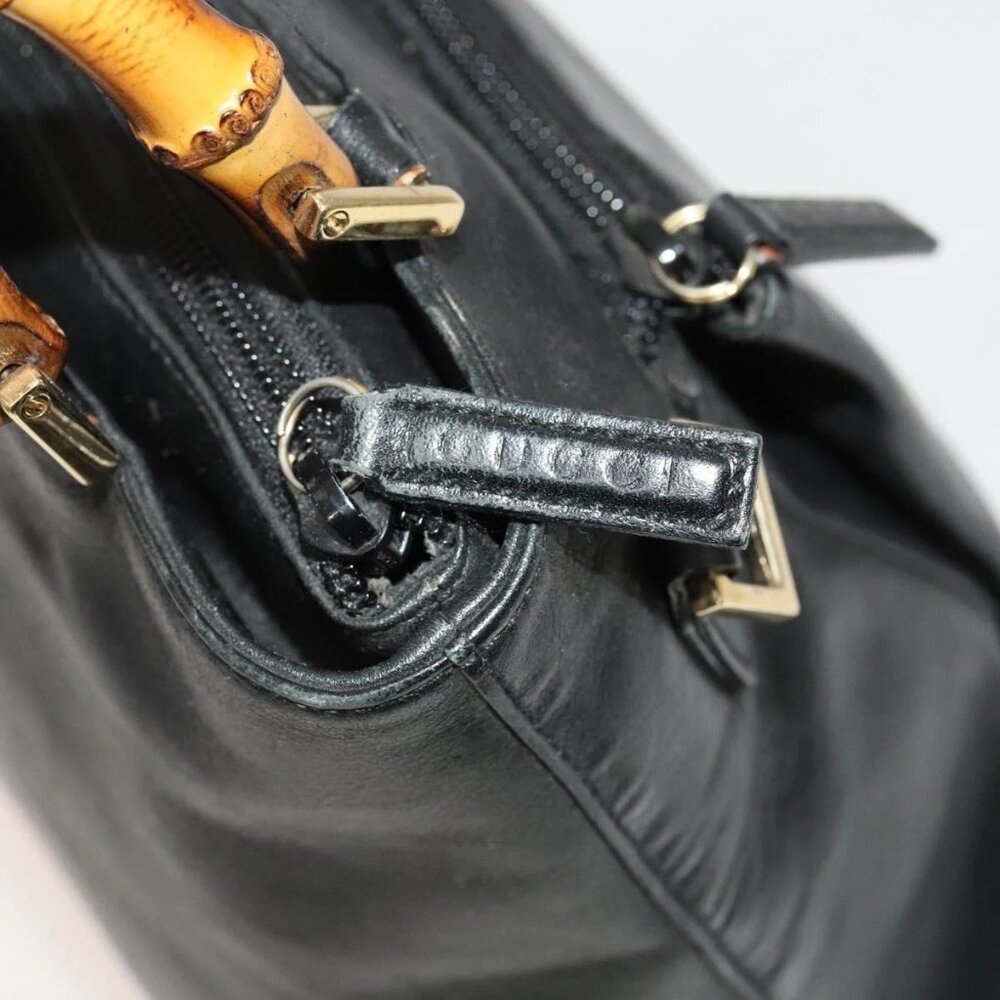 GUCCI Bamboo Hand Bag Leather 2way Black Gold - Picture 12 of 16
